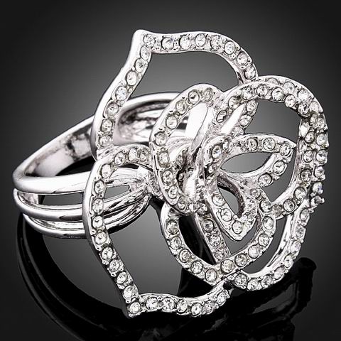 BIG SPARKLING ROSE SWAROVSKI CRYSTAL RING-sz 7